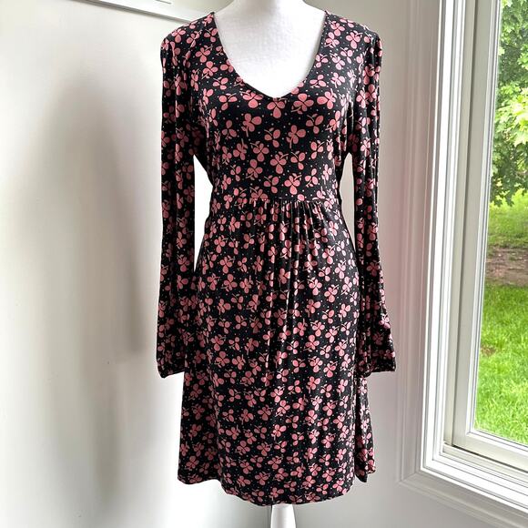 Boden Hattie Clover Print Jersey Sz 8P Black Pink A-Line Long Sleeve Dress - Picture 2 of 8